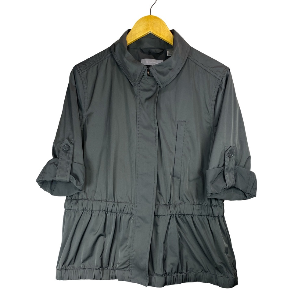 Liz Claiborne Womens XL Green Utility Jacket Roll Tab Sleeve Peplum Waist Zip Up